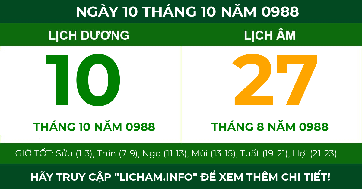 lịch âm ngày 10 tháng 10 năm 0988