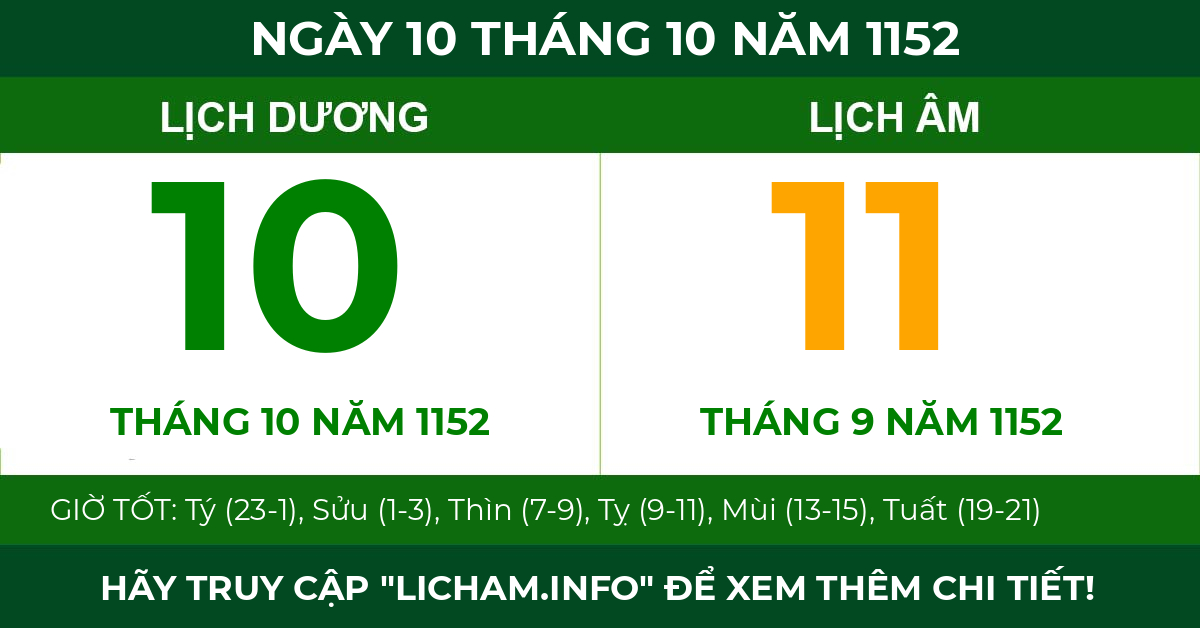 lịch âm ngày 10 tháng 10 năm 1152