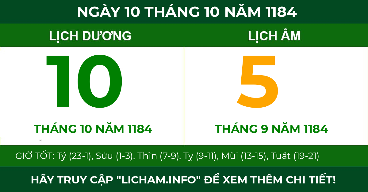 lịch âm ngày 10 tháng 10 năm 1184