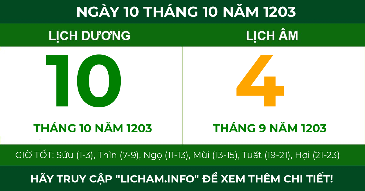 lịch âm ngày 10 tháng 10 năm 1203