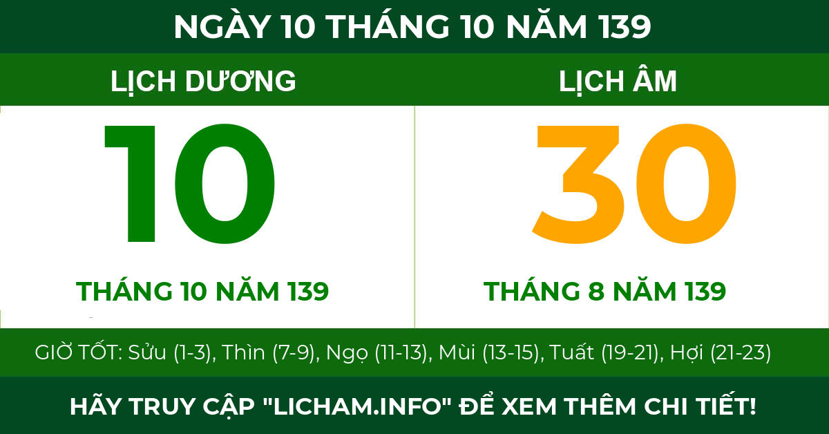 lịch âm ngày 10 tháng 10 năm 139