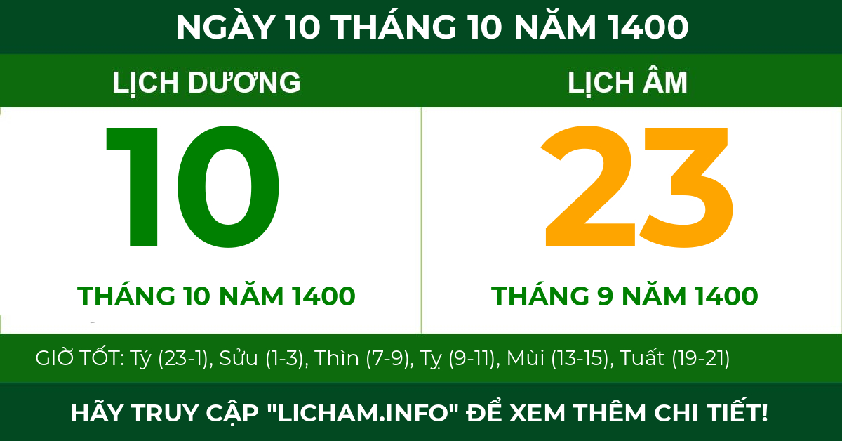 lịch âm ngày 10 tháng 10 năm 1400