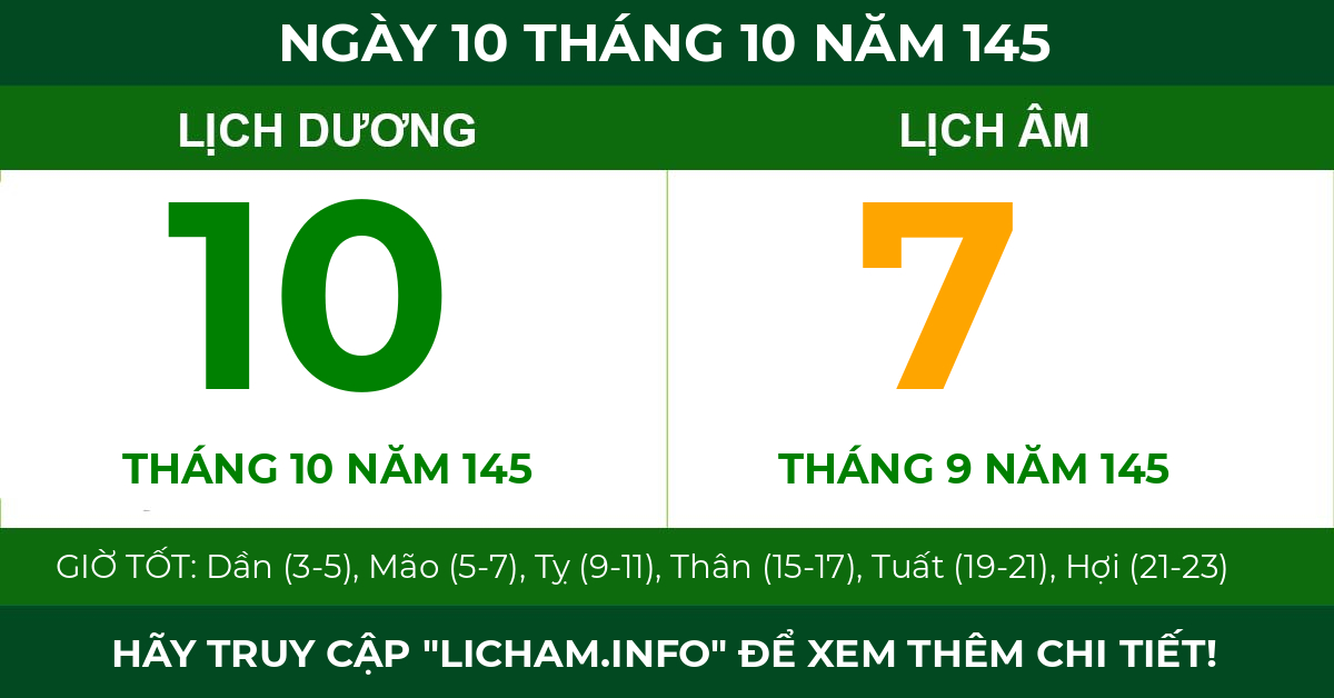 lịch âm ngày 10 tháng 10 năm 145