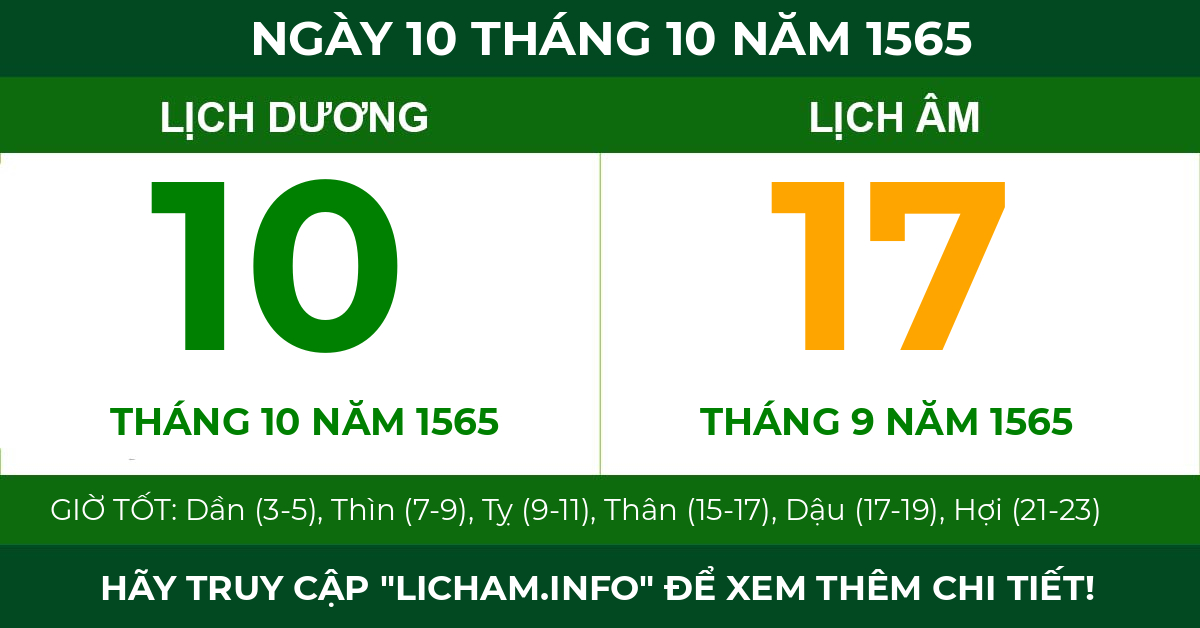 lịch âm ngày 10 tháng 10 năm 1565