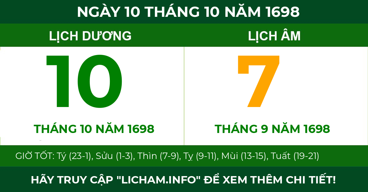 lịch âm ngày 10 tháng 10 năm 1698