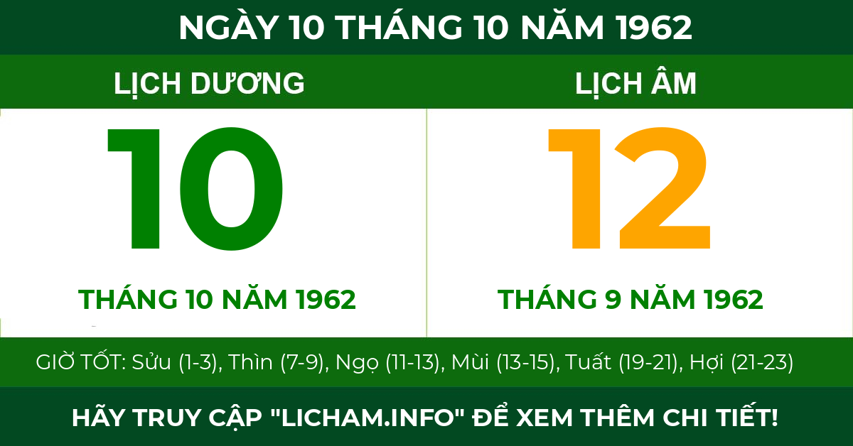lịch âm ngày 10 tháng 10 năm 1962