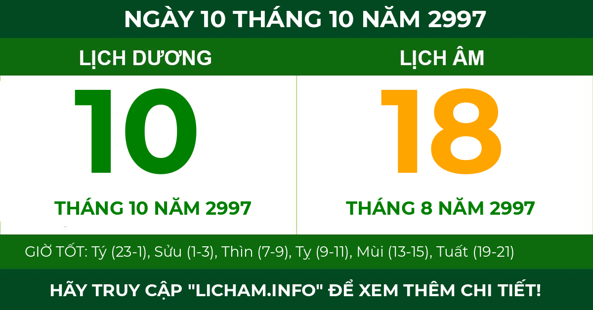 lịch âm ngày 10 tháng 10 năm 2997