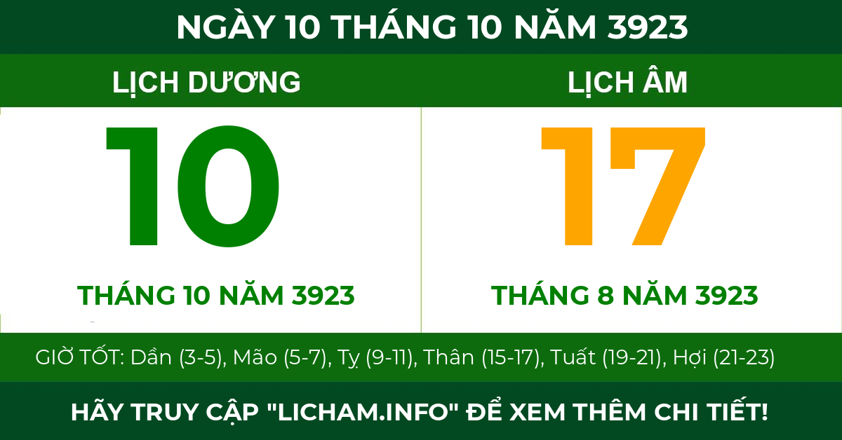 lịch âm ngày 10 tháng 10 năm 3923