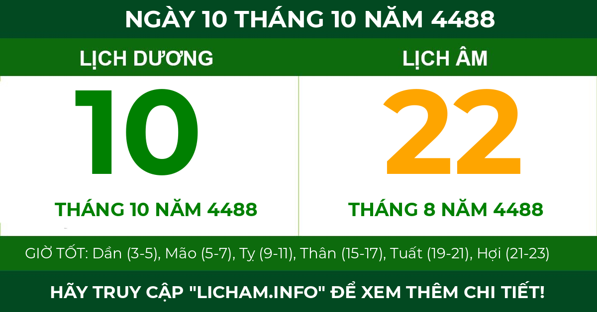 lịch âm ngày 10 tháng 10 năm 4488