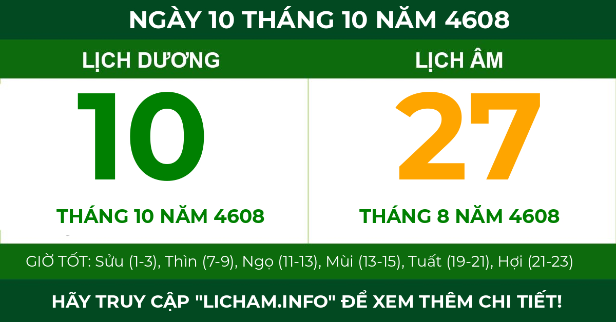 lịch âm ngày 10 tháng 10 năm 4608