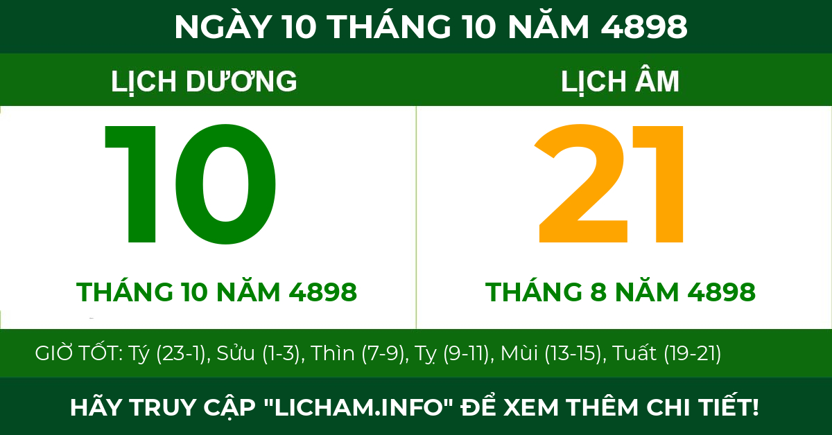 lịch âm ngày 10 tháng 10 năm 4898