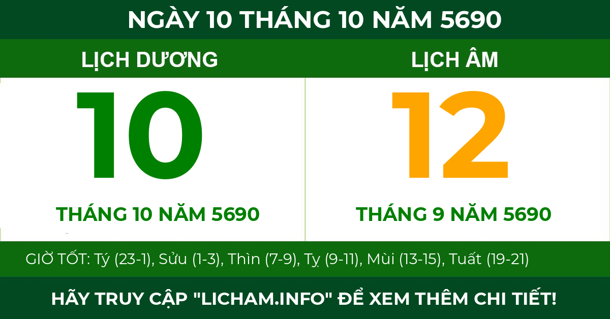 lịch âm ngày 10 tháng 10 năm 5690
