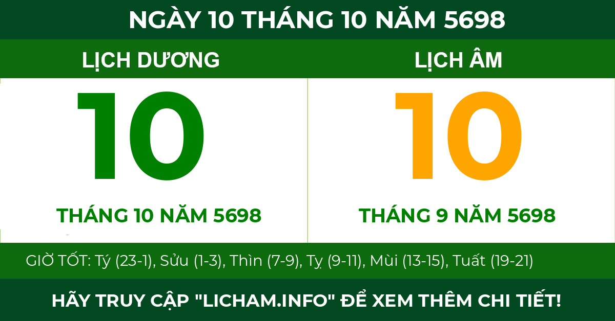 lịch âm ngày 10 tháng 10 năm 5698