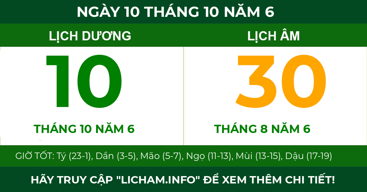 lịch âm ngày 10 tháng 10 năm 6