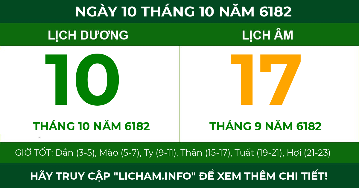 lịch âm ngày 10 tháng 10 năm 6182