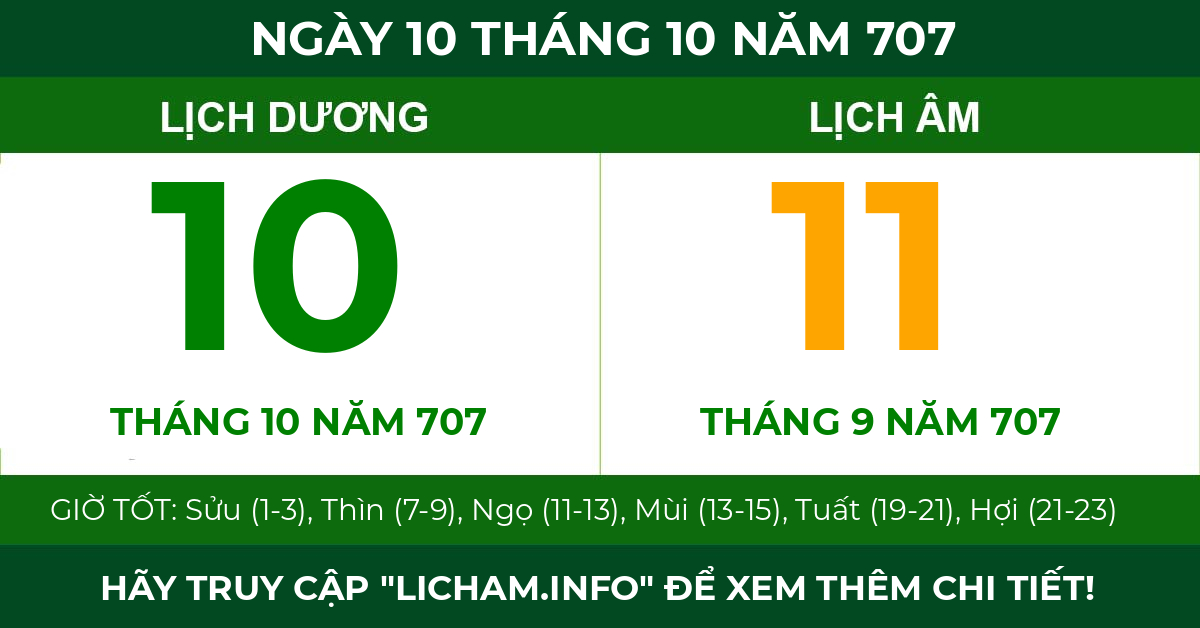 lịch âm ngày 10 tháng 10 năm 707