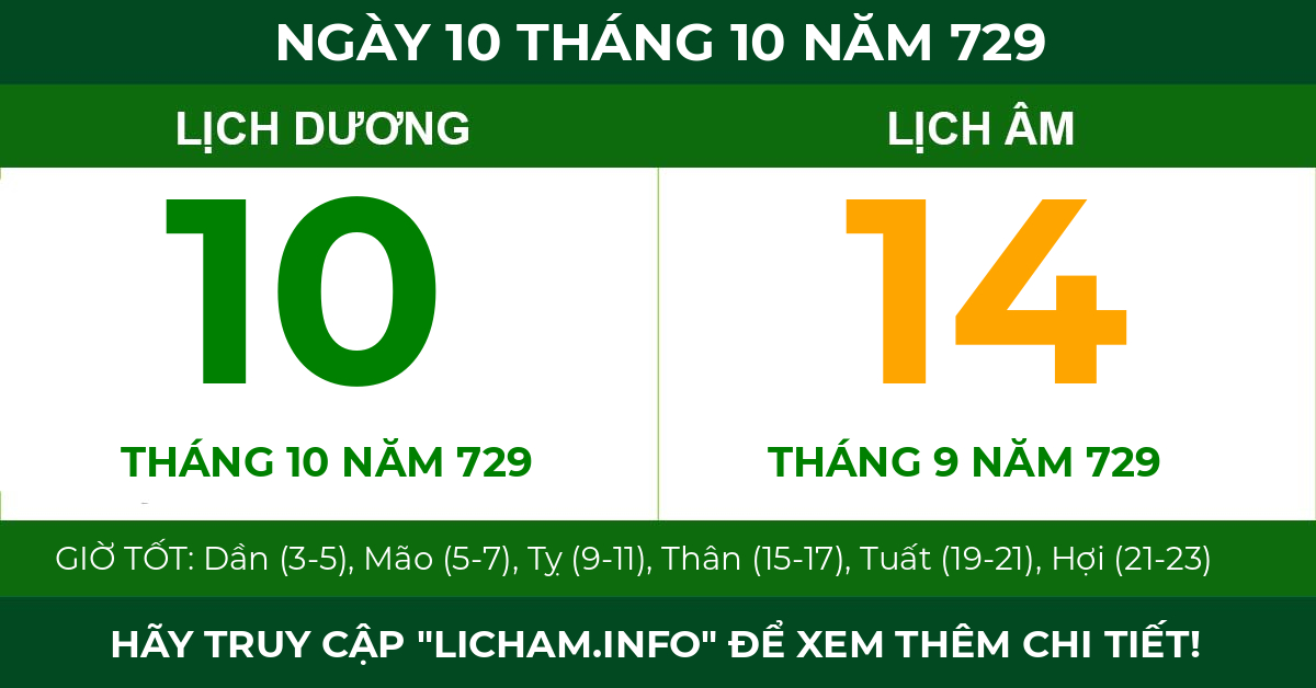 lịch âm ngày 10 tháng 10 năm 729