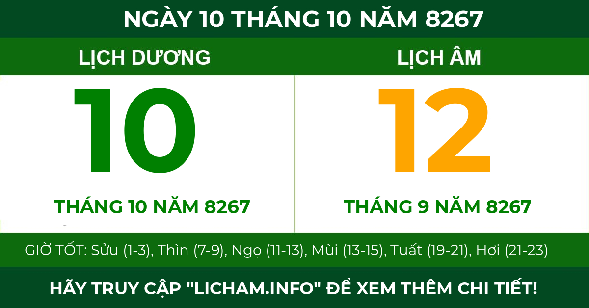 lịch âm ngày 10 tháng 10 năm 8267