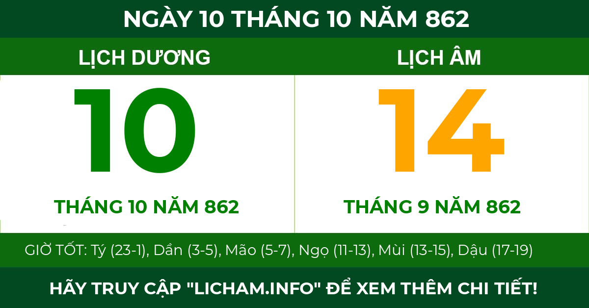 lịch âm ngày 10 tháng 10 năm 862