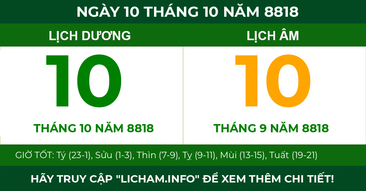 lịch âm ngày 10 tháng 10 năm 8818