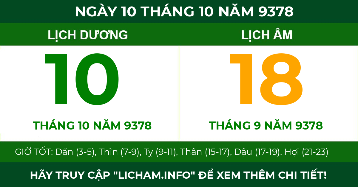 lịch âm ngày 10 tháng 10 năm 9378