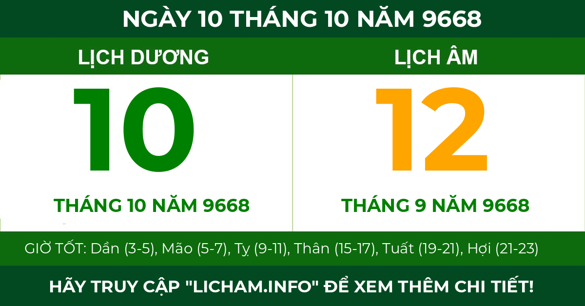 lịch âm ngày 10 tháng 10 năm 9668