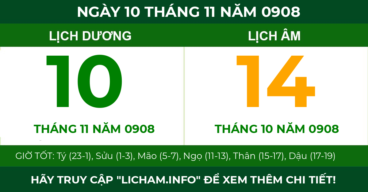 lịch âm ngày 10 tháng 11 năm 0908