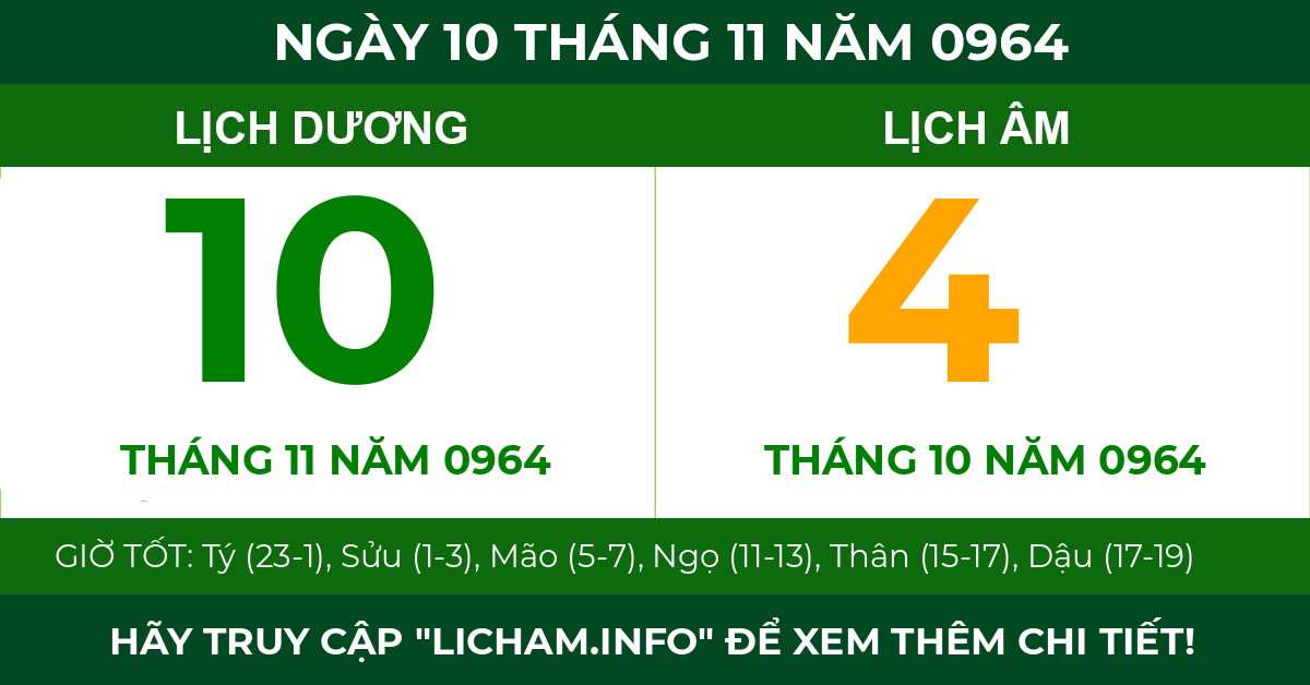 lịch âm ngày 10 tháng 11 năm 0964
