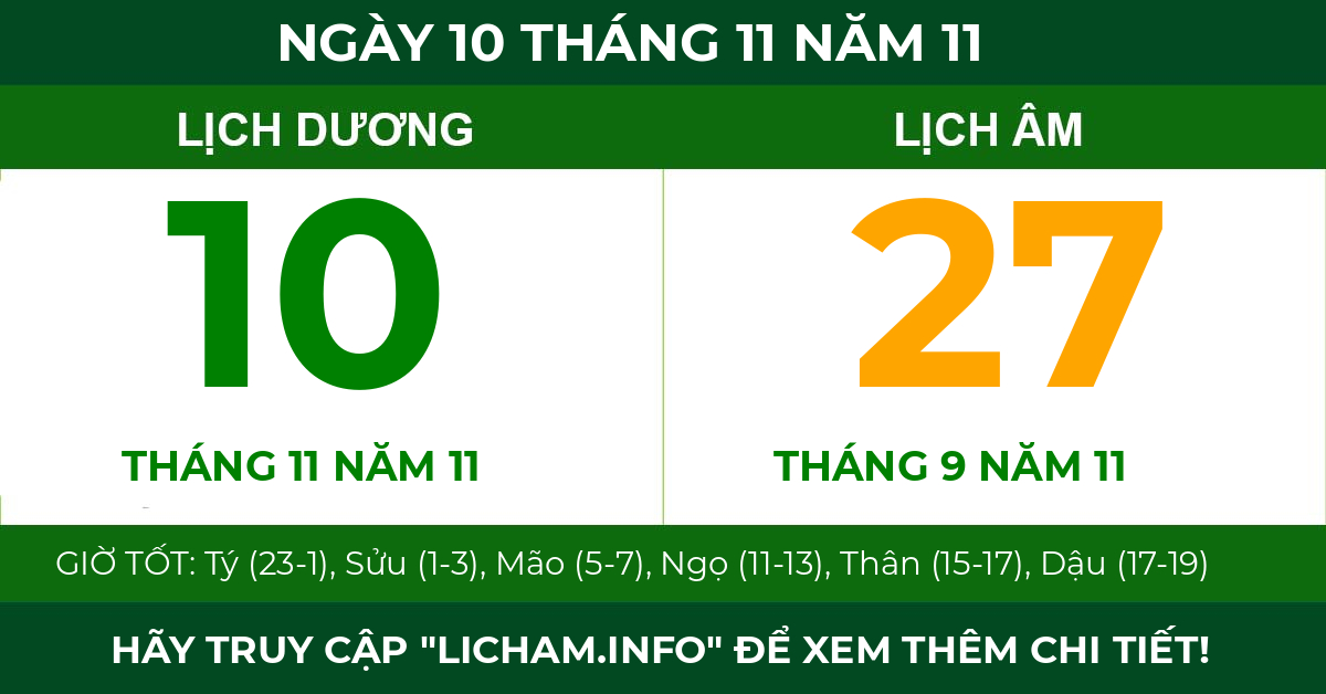 lịch âm ngày 10 tháng 11 năm 11