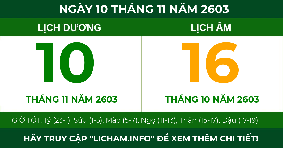 lịch âm ngày 10 tháng 11 năm 2603