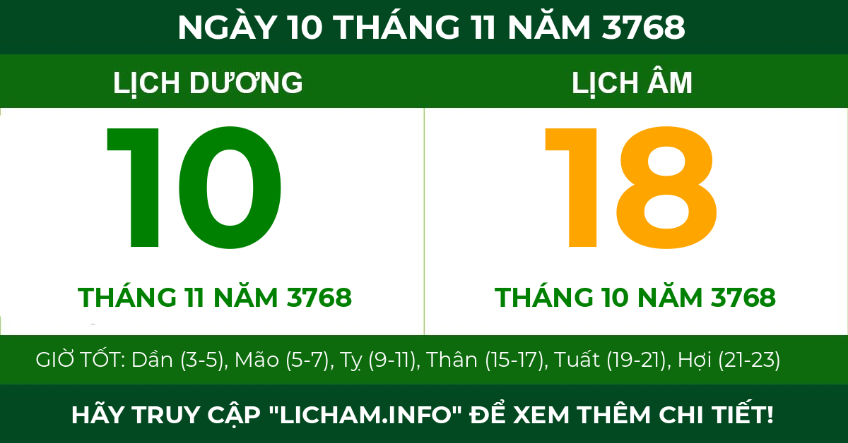 lịch âm ngày 10 tháng 11 năm 3768