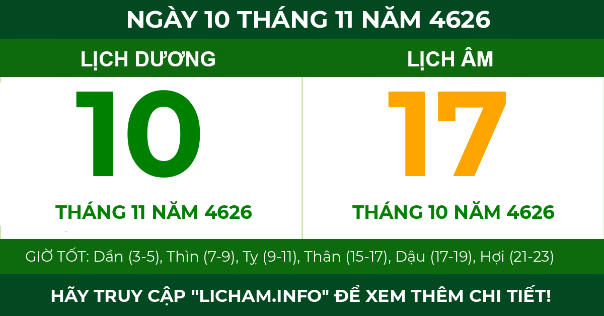 lịch âm ngày 10 tháng 11 năm 4626