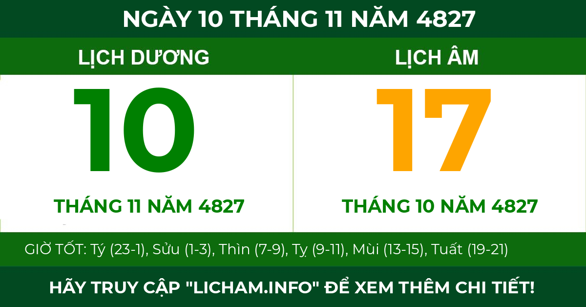 lịch âm ngày 10 tháng 11 năm 4827