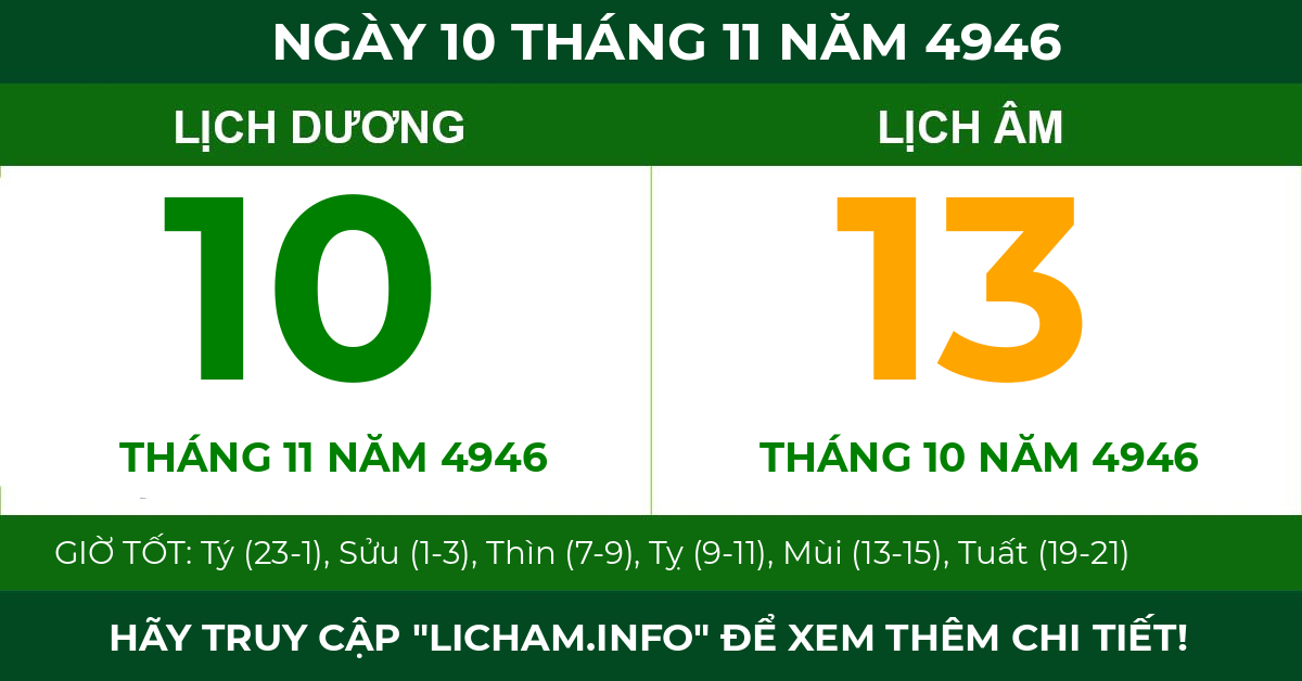 lịch âm ngày 10 tháng 11 năm 4946