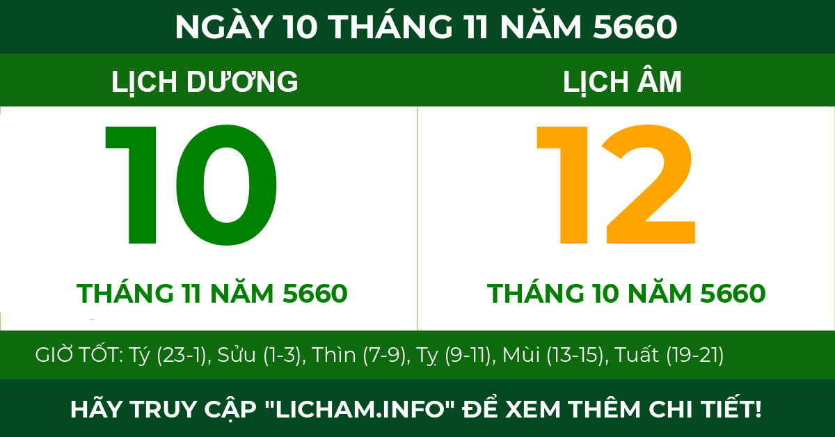 lịch âm ngày 10 tháng 11 năm 5660