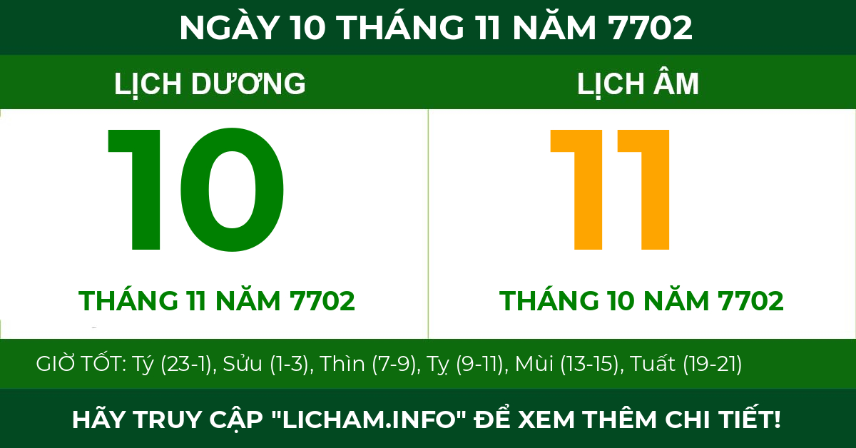 lịch âm ngày 10 tháng 11 năm 7702
