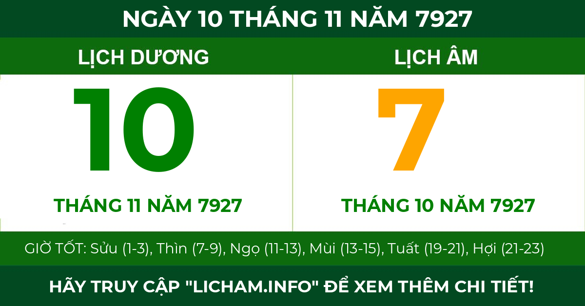 lịch âm ngày 10 tháng 11 năm 7927