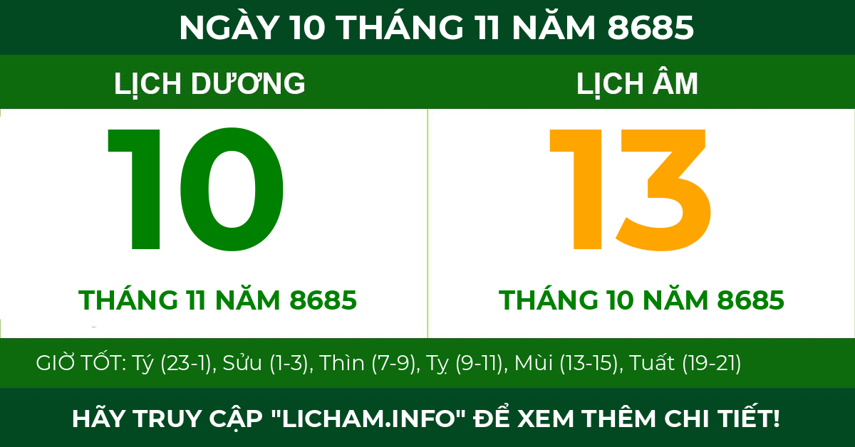 lịch âm ngày 10 tháng 11 năm 8685