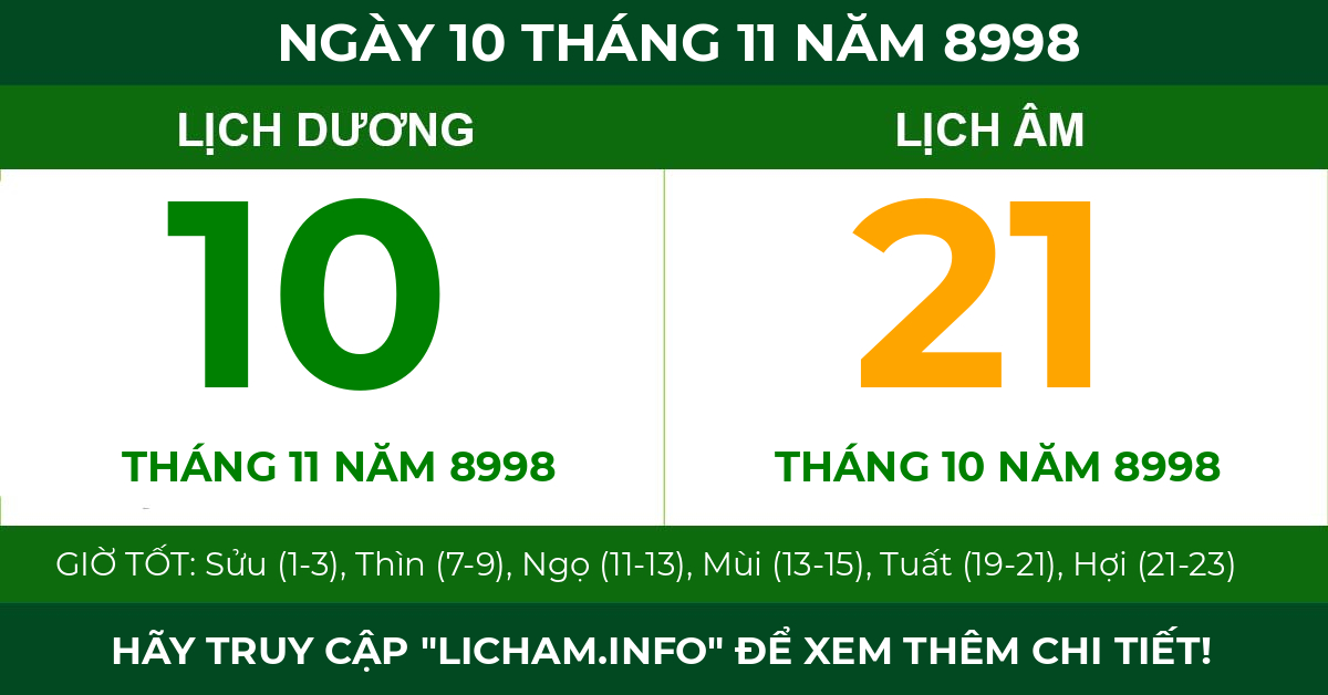 lịch âm ngày 10 tháng 11 năm 8998