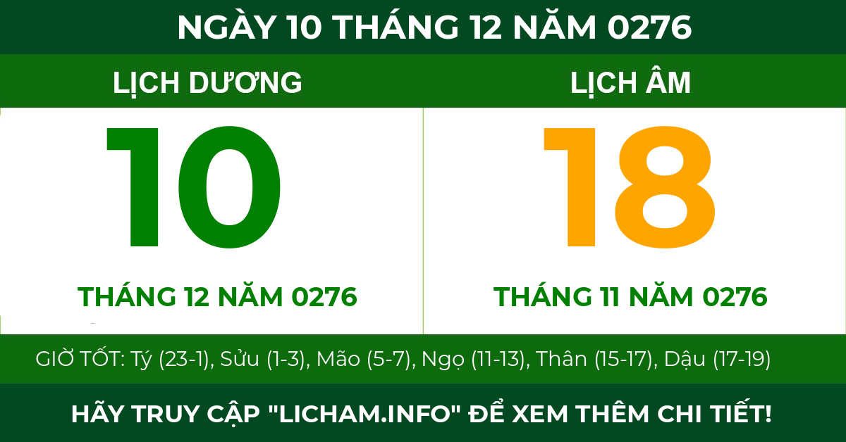lịch âm ngày 10 tháng 12 năm 0276