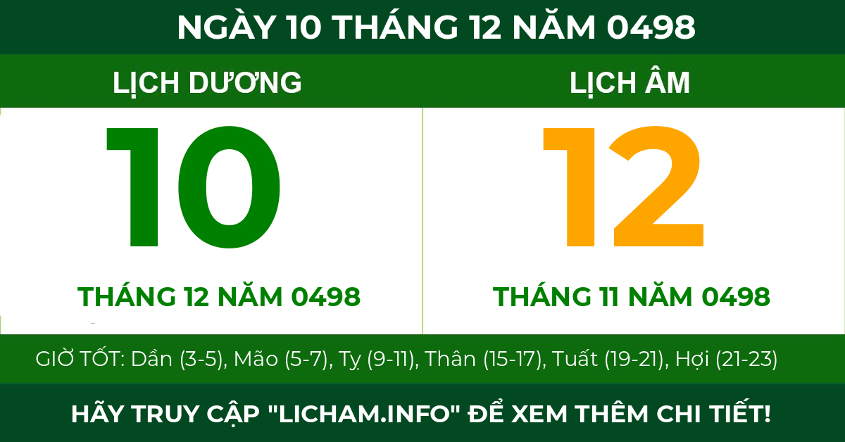 lịch âm ngày 10 tháng 12 năm 0498