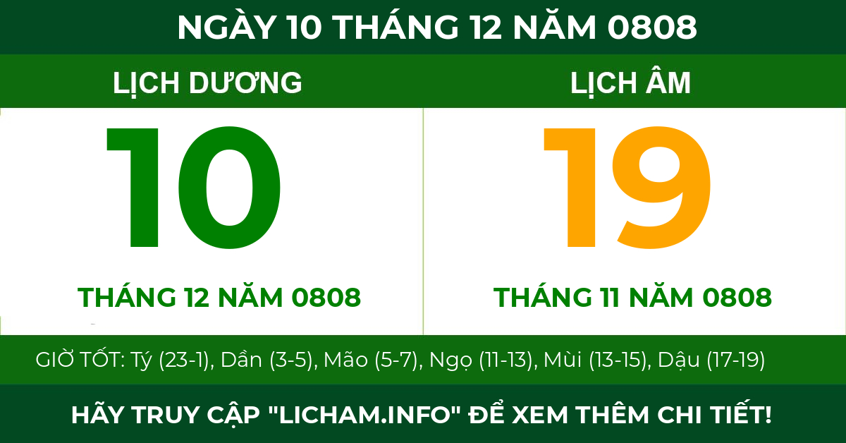 lịch âm ngày 10 tháng 12 năm 0808