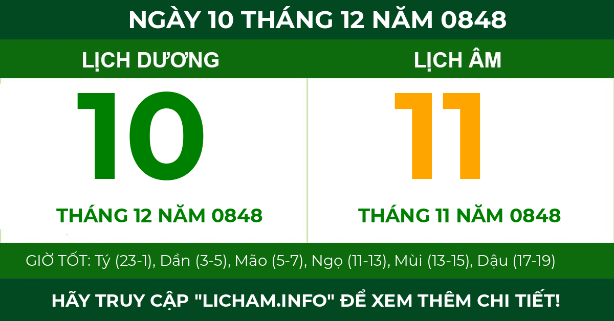 lịch âm ngày 10 tháng 12 năm 0848