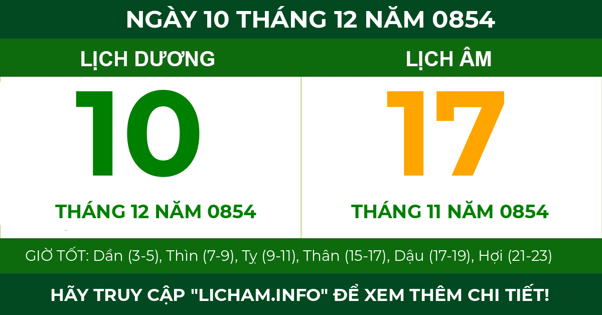 lịch âm ngày 10 tháng 12 năm 0854