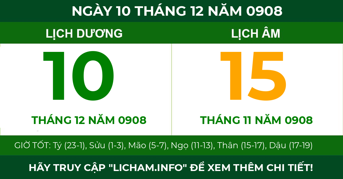 lịch âm ngày 10 tháng 12 năm 0908