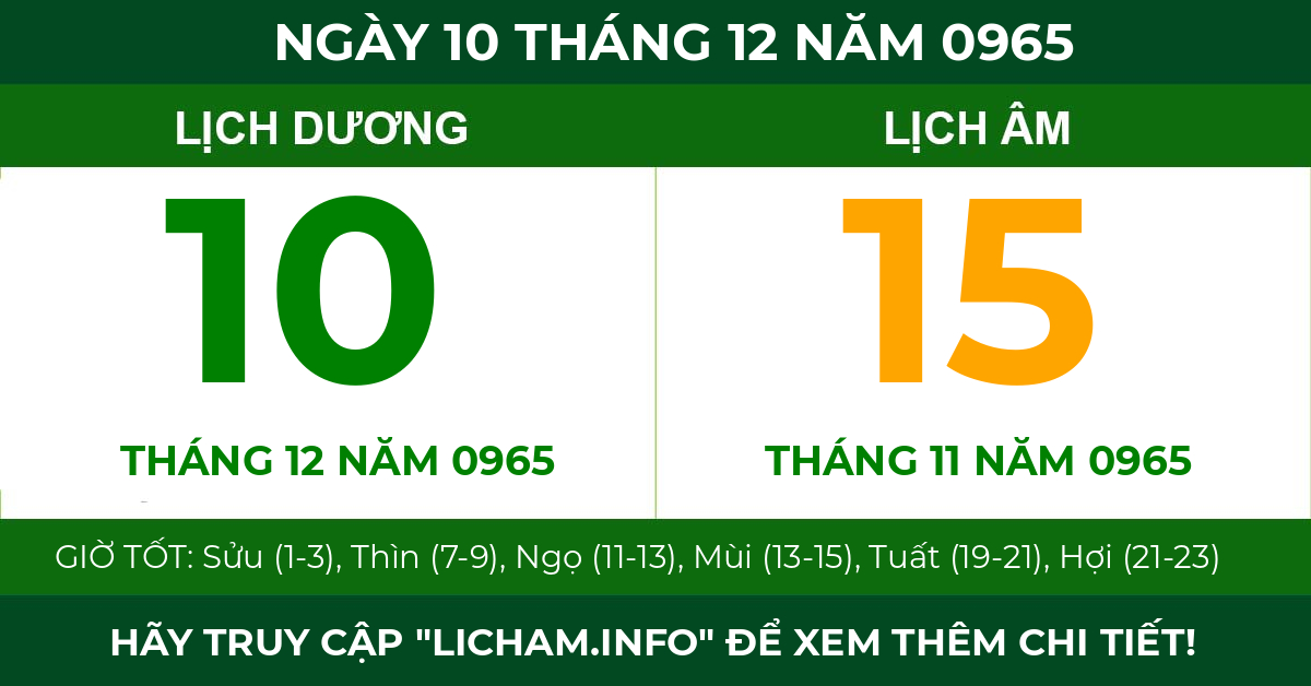 lịch âm ngày 10 tháng 12 năm 0965