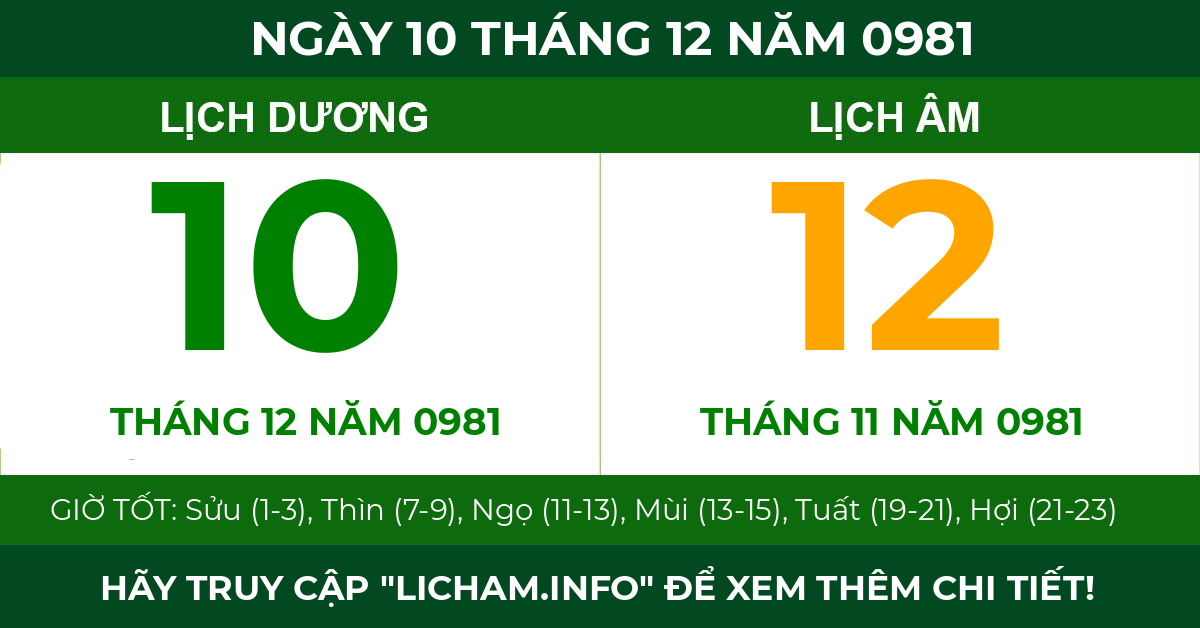 lịch âm ngày 10 tháng 12 năm 0981