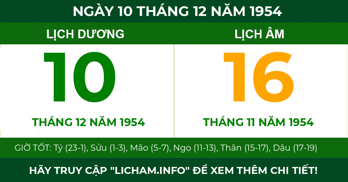 lịch âm ngày 10 tháng 12 năm 1954