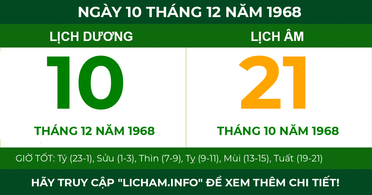 lịch âm ngày 10 tháng 12 năm 1968
