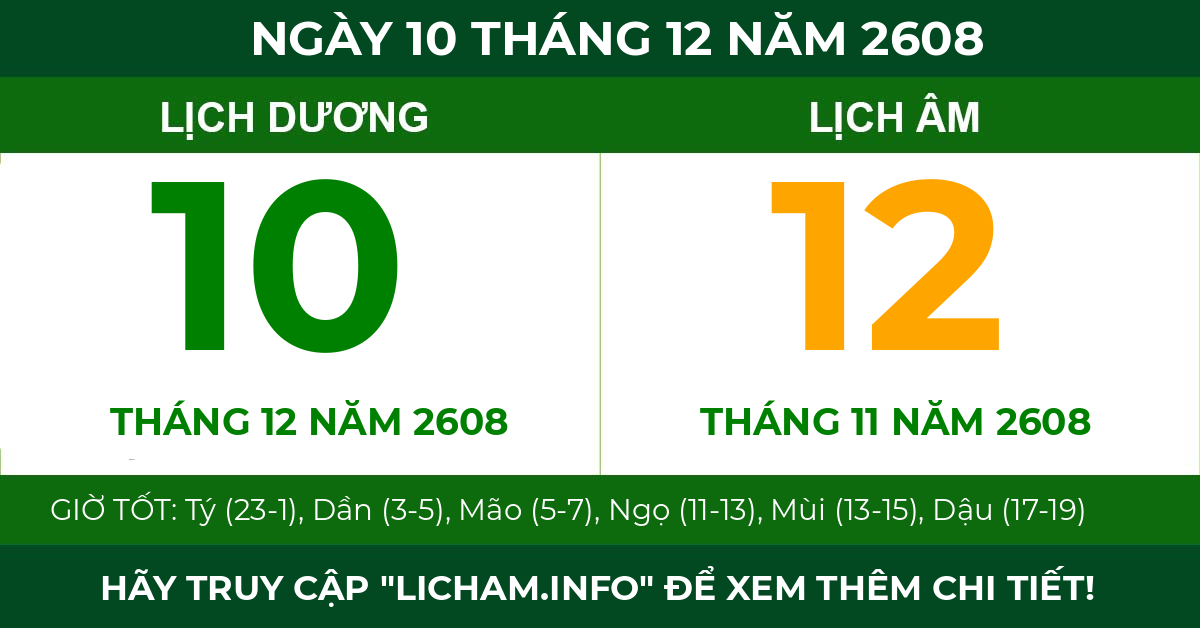 lịch âm ngày 10 tháng 12 năm 2608